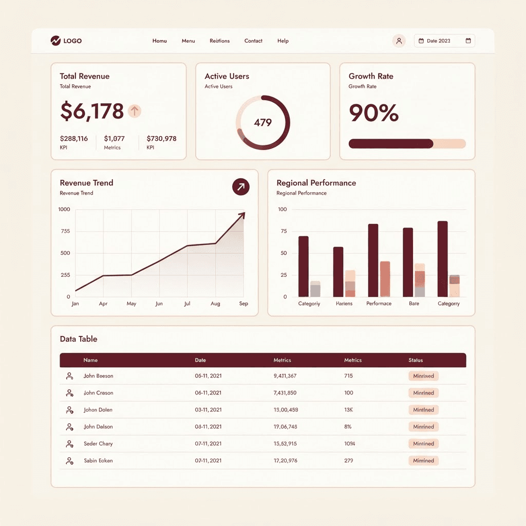 Illustrative example of a data analytics dashboard with sample data, showing charts, key metrics, and a data table